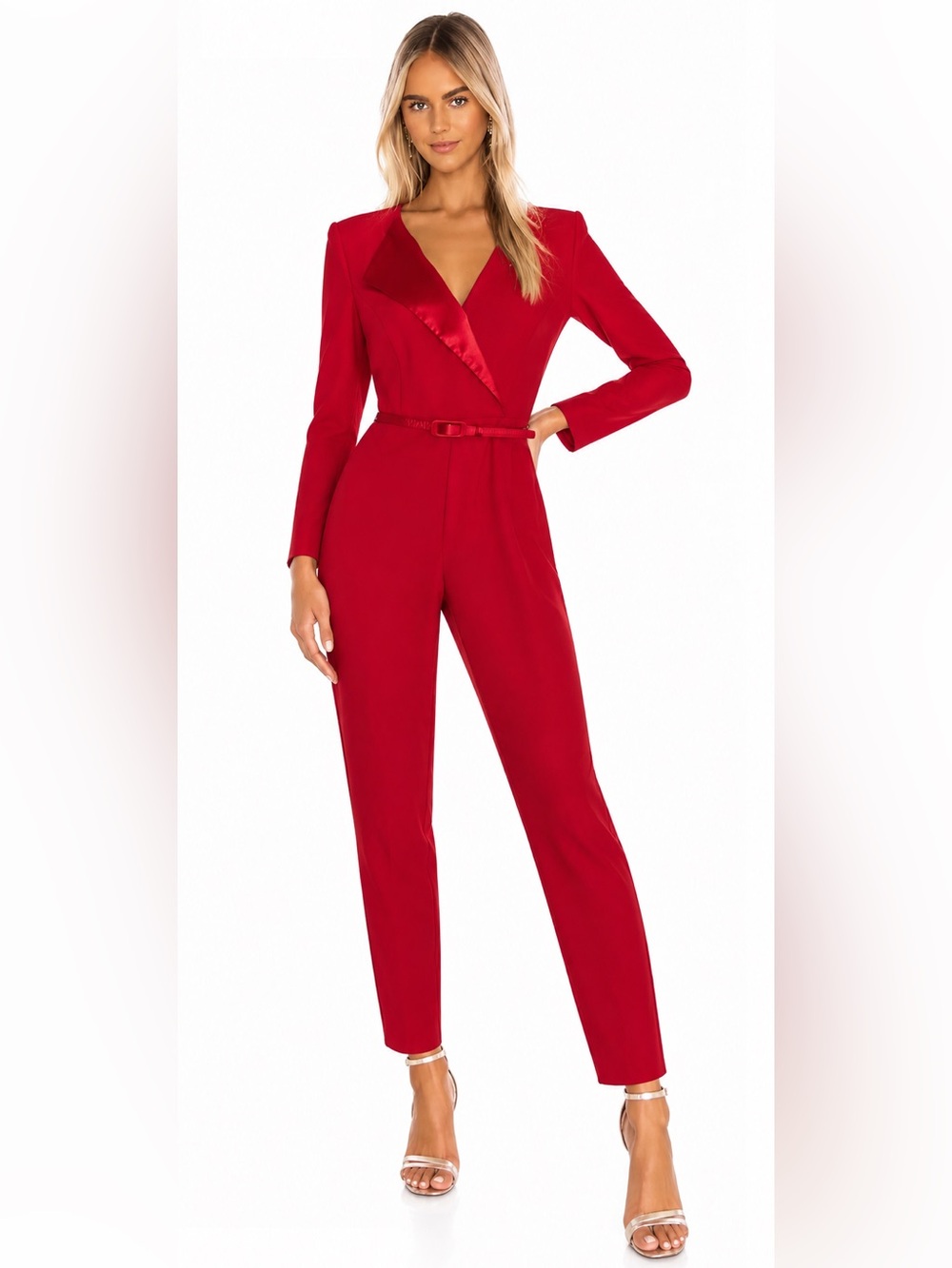 Elegant Red Long-Sleeve Jumpsuit with Belt